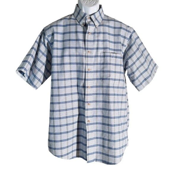 JOHN ASHFORD Men's,Short Sleeve Button Down Plaid Shirt Blue White Medium - Picture 1 of 5